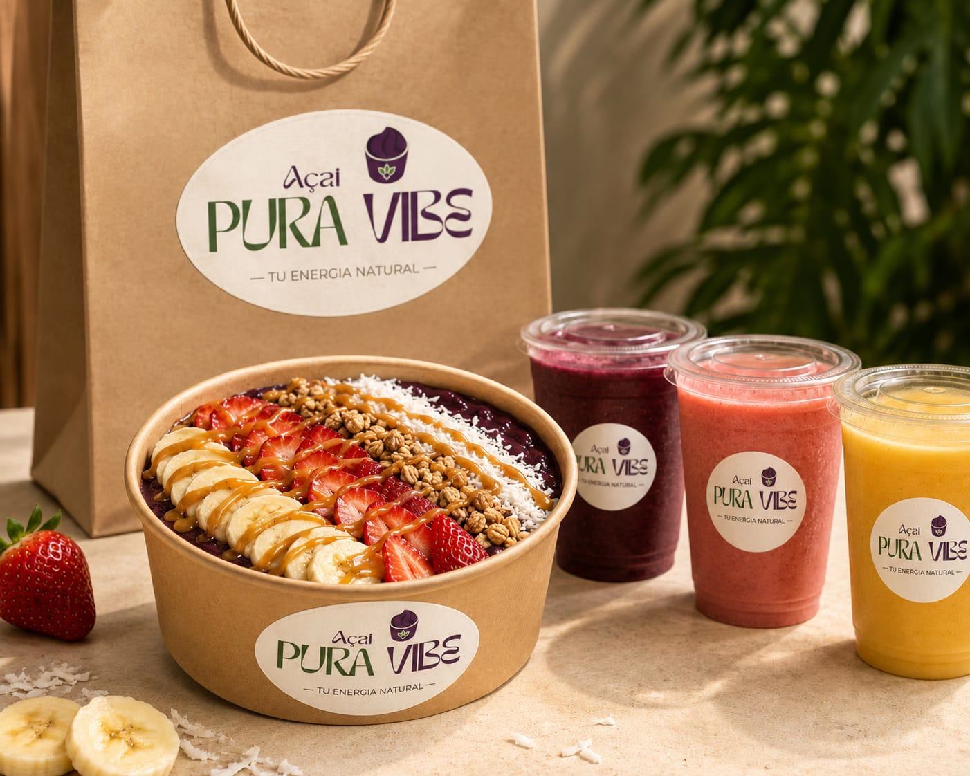 Bowl de açaí con fresa, plátano y granola junto a dos smoothies